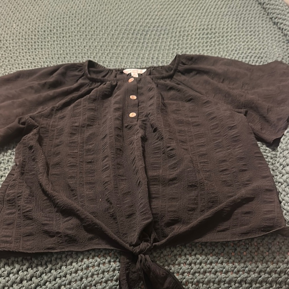 Black Short Sleeve Crop Blouse with Tie Front